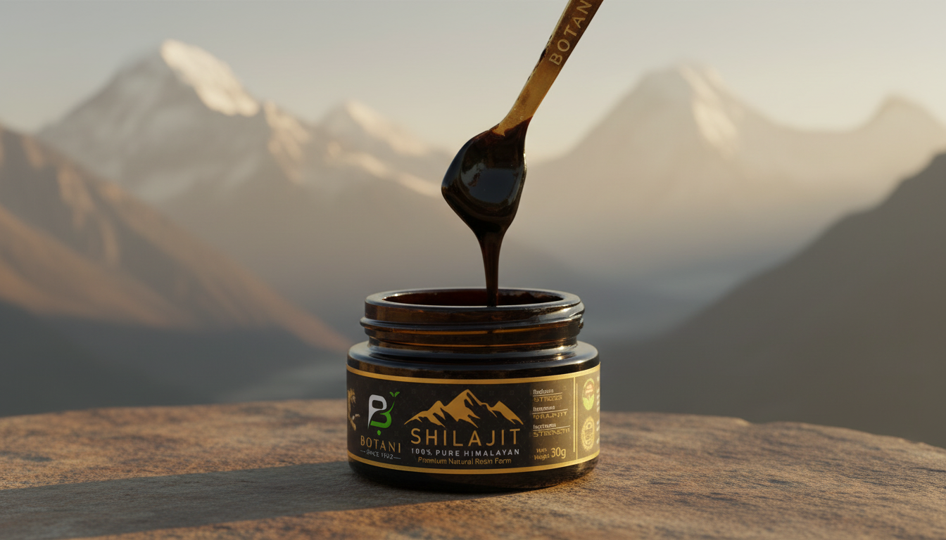 Pot de shilajit Himalaya naturel dans un décor montagneux élégant