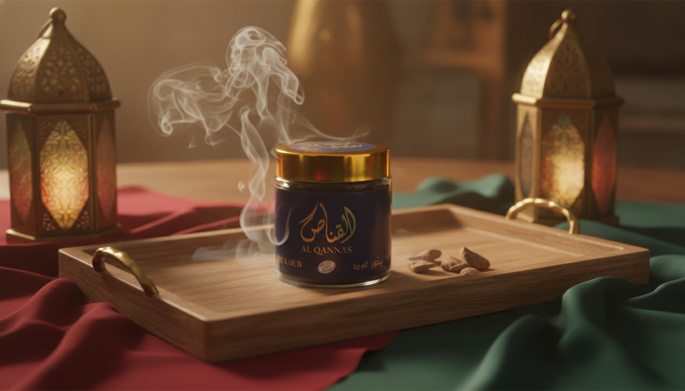 Bakhoor Al Qannas 50g dans un décor oriental élégant avec fumée parfumée chaude