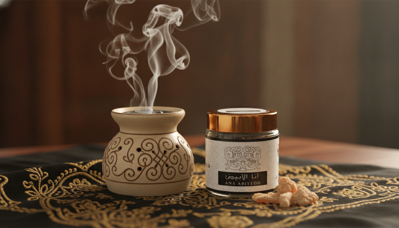 Bakhoor Ana Al Abyad 50g avec brûleur d'encens en céramique, volutes de fumée élégantes, ambiance orientale raffinée