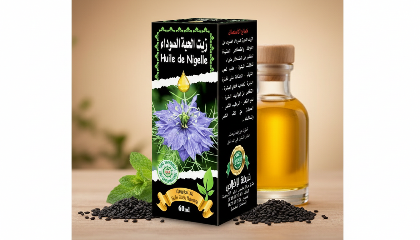 Huile de nigelle naturelle dans une bouteille élégante avec graines et feuilles, symbole de bien-être