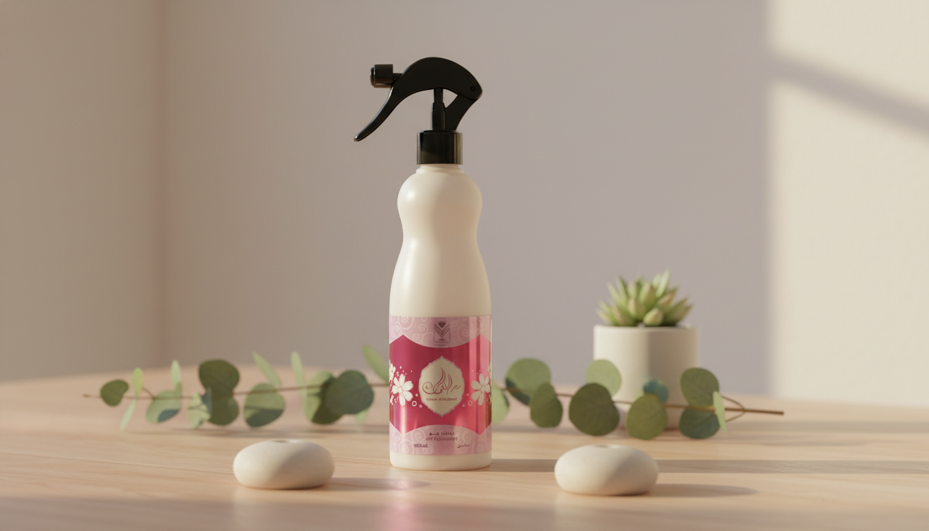 Flacon d'Almas Perfumes Saher Al Kalmat 500ml élégant et naturel sur un fond chaleureux