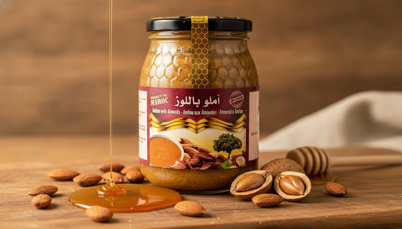 Pot d'Amlou du Maroc avec amandes, huile d'argan et miel naturel en présentation raffinée