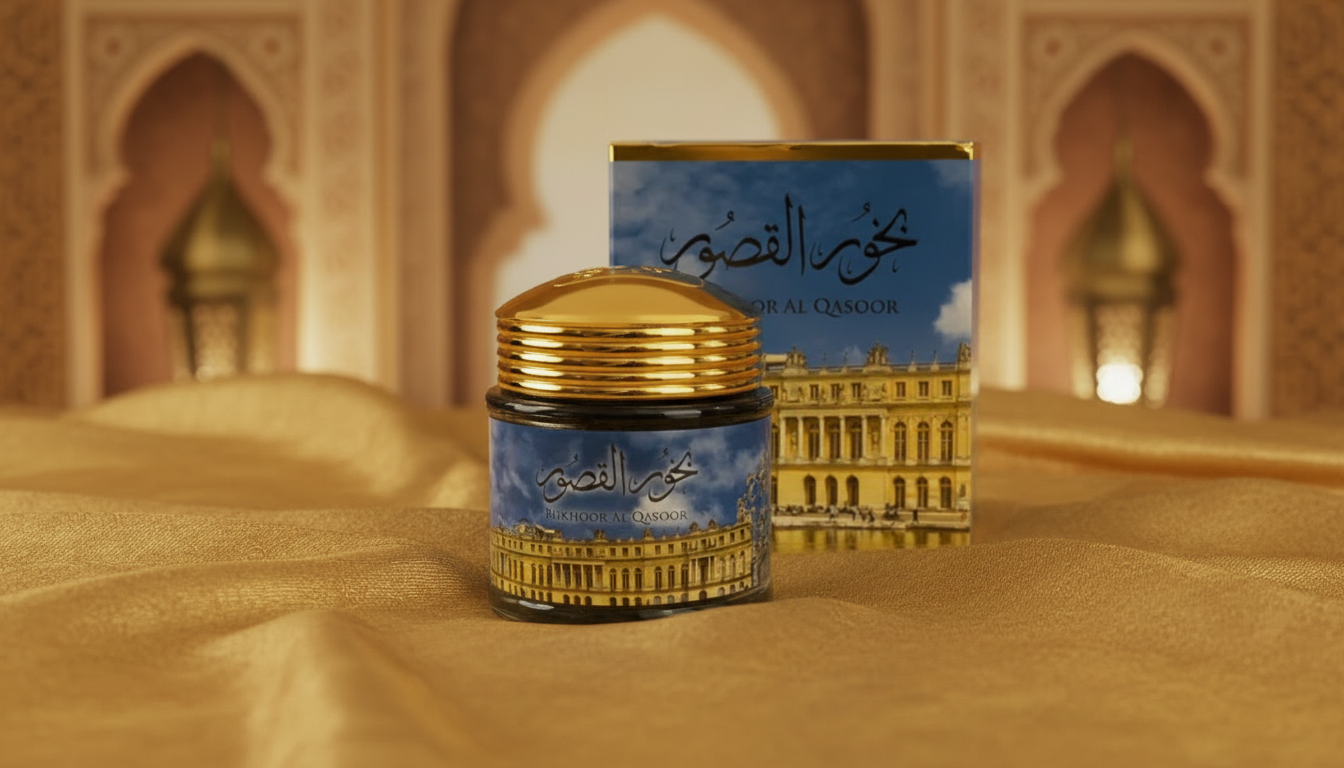 Bakhoor Al Qasoor 40g encens oriental dans un emballage premium posé sur un tissu naturel