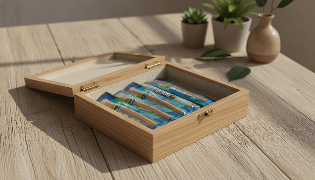 Bâtonnets Al Khair Miswak pour soin dentaire naturel, présentés élégamment avec décor naturel et lumière douce