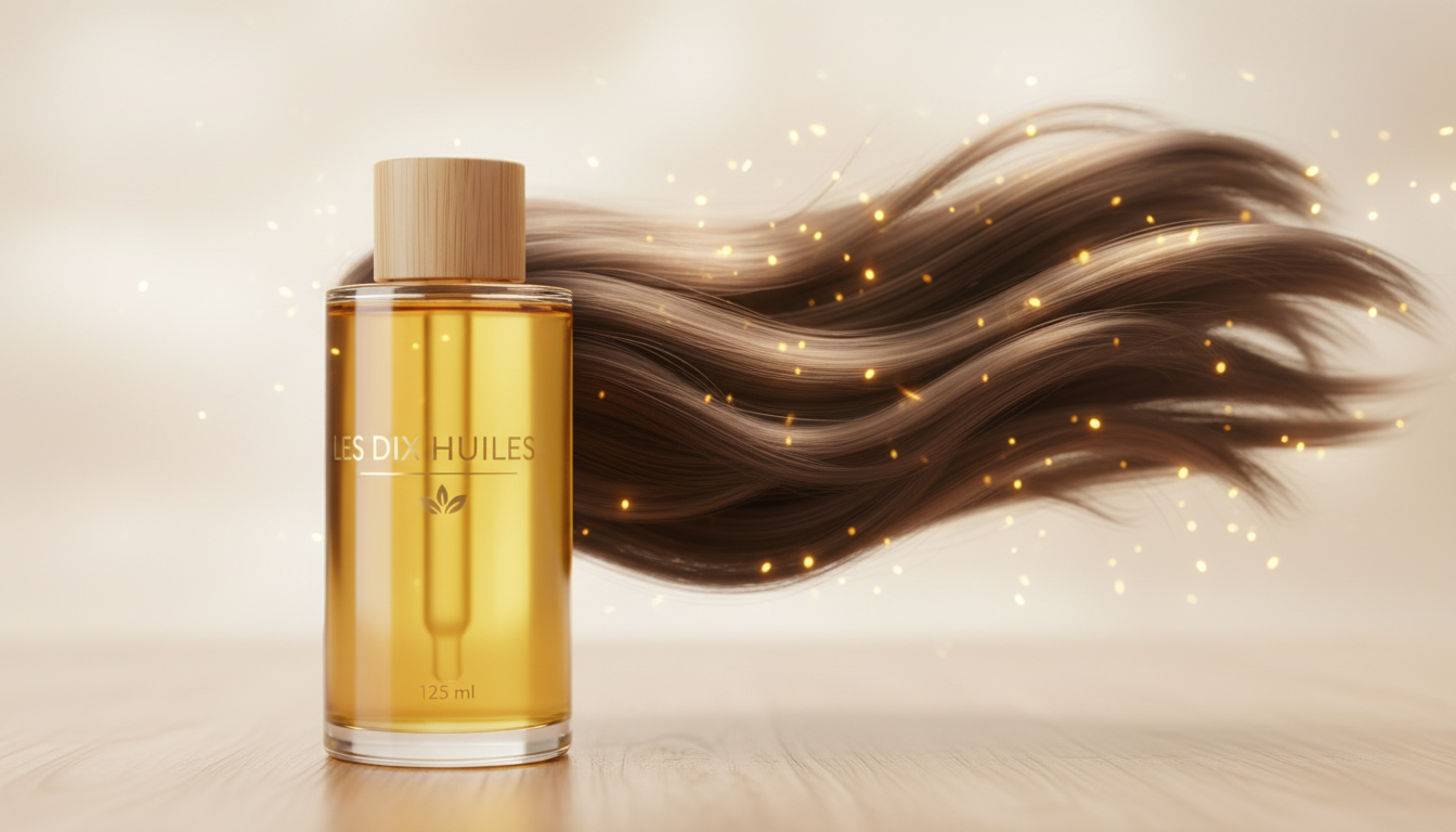 Huile cheveux secs naturelle en flacon élégant avec chevelure brillante et soyeuse