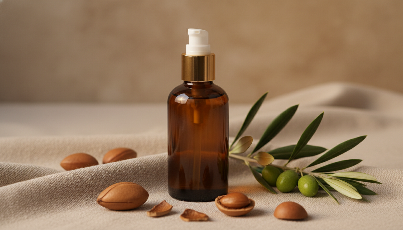 Bouteille d'huile d'argan pour visage et cheveux sur fond beige, noix d'argan et texture naturelle