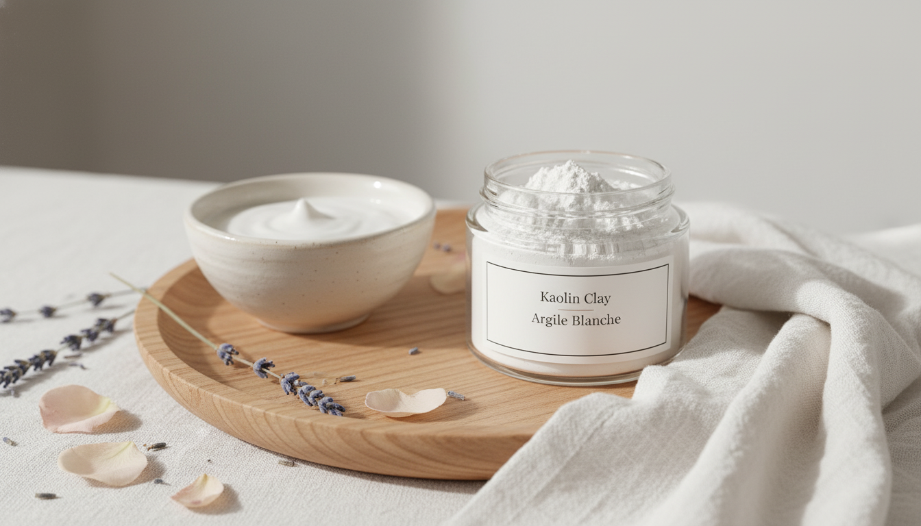 Pot d'argile blanche visage (kaolin) sur plateau en bois, pâte d'argile onctueuse et éléments naturels