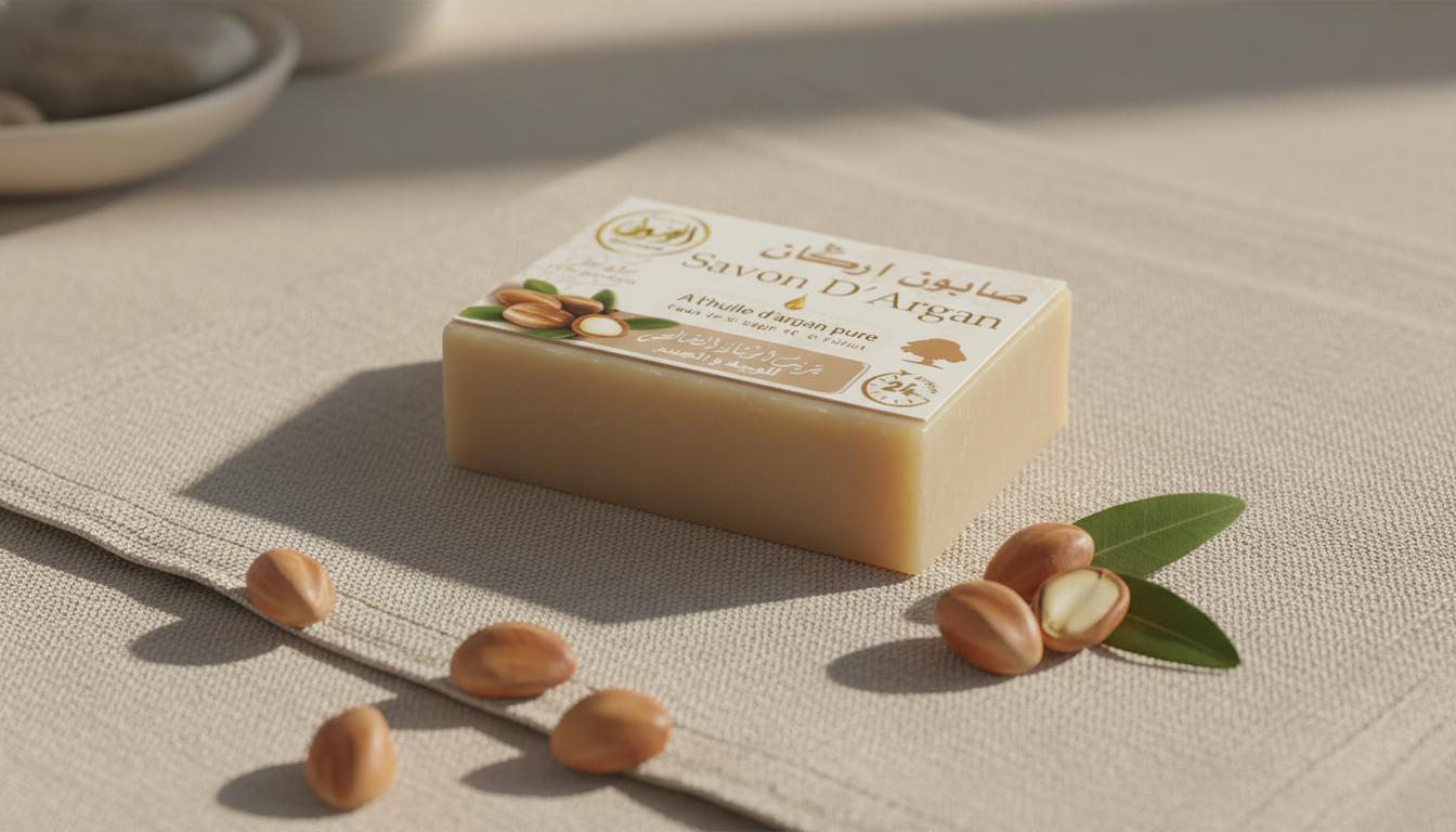 Savon d'argan naturel pour peau douce posé sur tissu beige avec amandons d'argan
