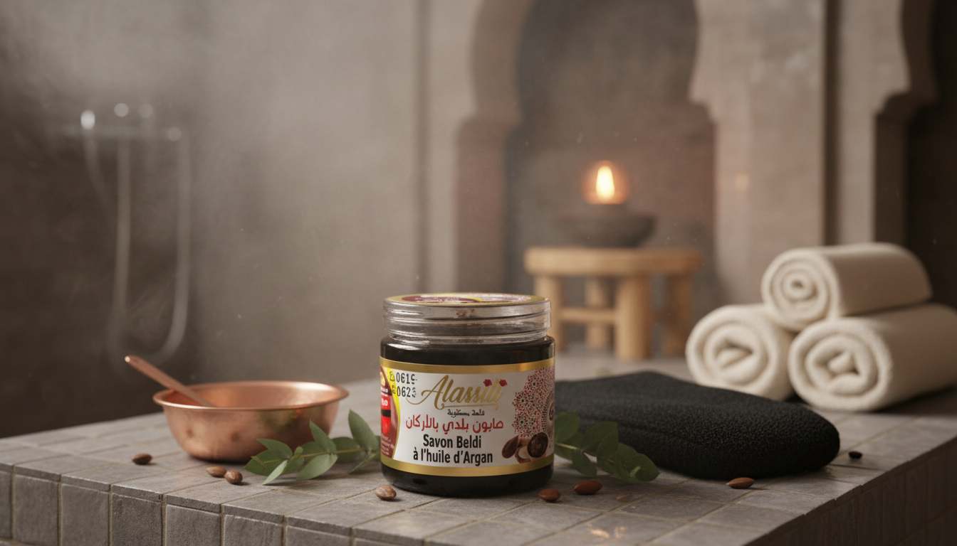 Savon beldi à l'huile d'argan dans un cadre hammam naturel et élégant