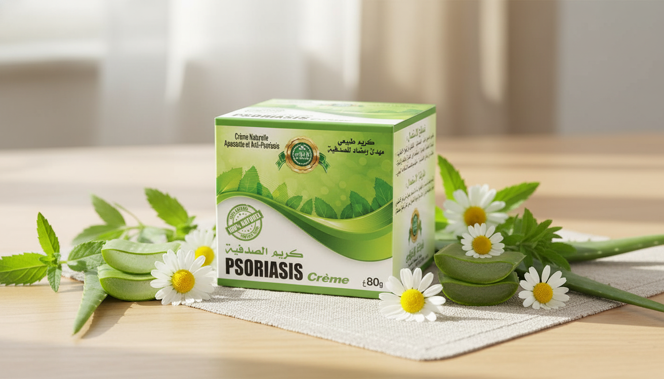 Pot de crème apaisante peau sensible sur fond naturel avec plantes médicinales