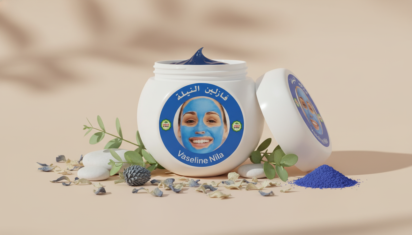 Pot de Vaseline Nila sur fond naturel avec feuilles délicates et texture onctueuse