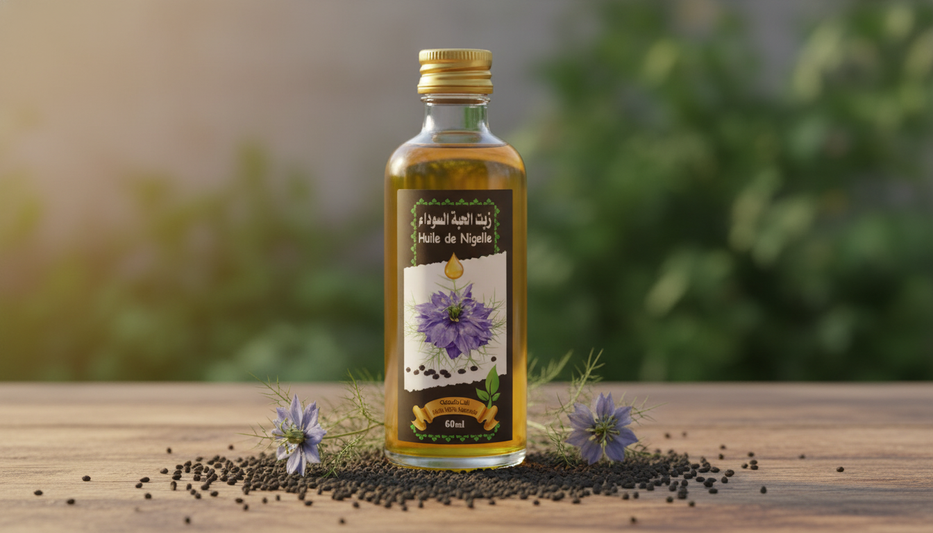 Bouteille d'huile de nigelle naturelle premium avec graines de nigelle