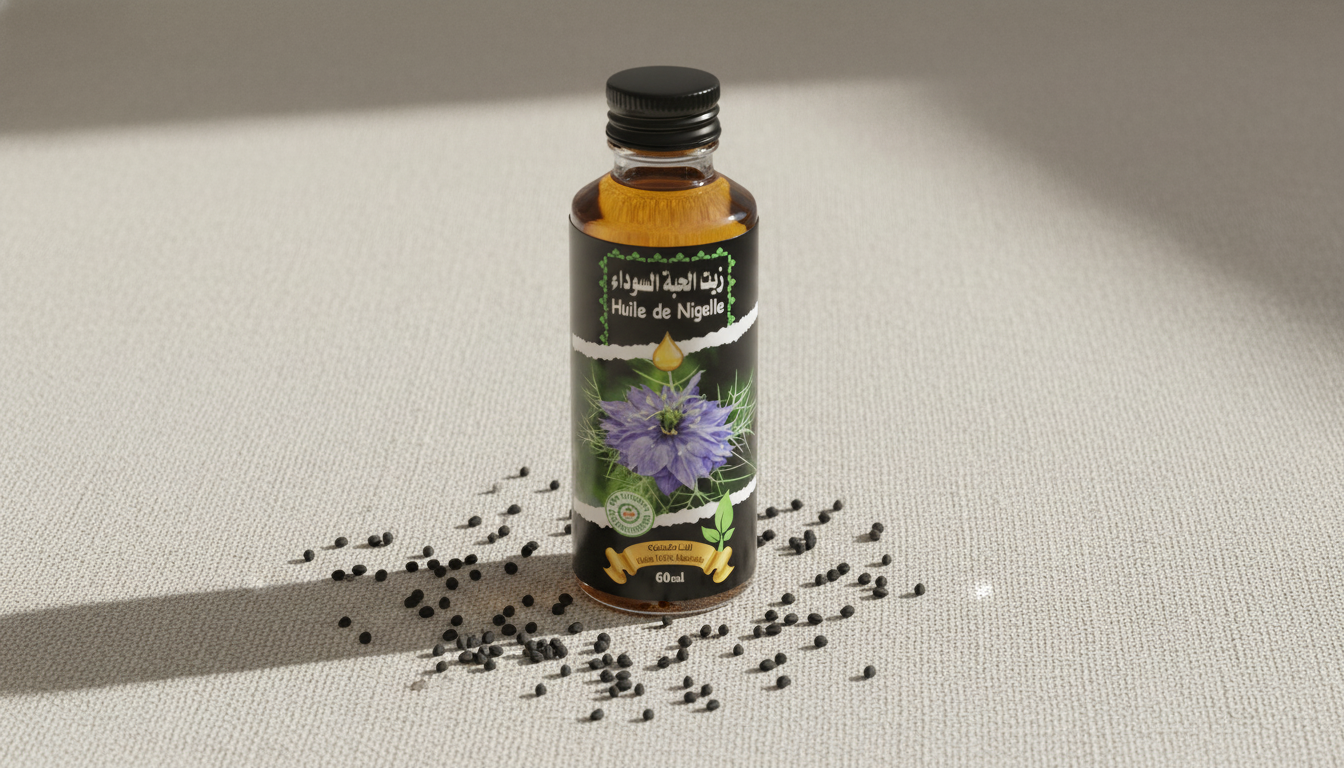 Flacon d'huile de nigelle naturelle avec graines de nigelle sur fond clair