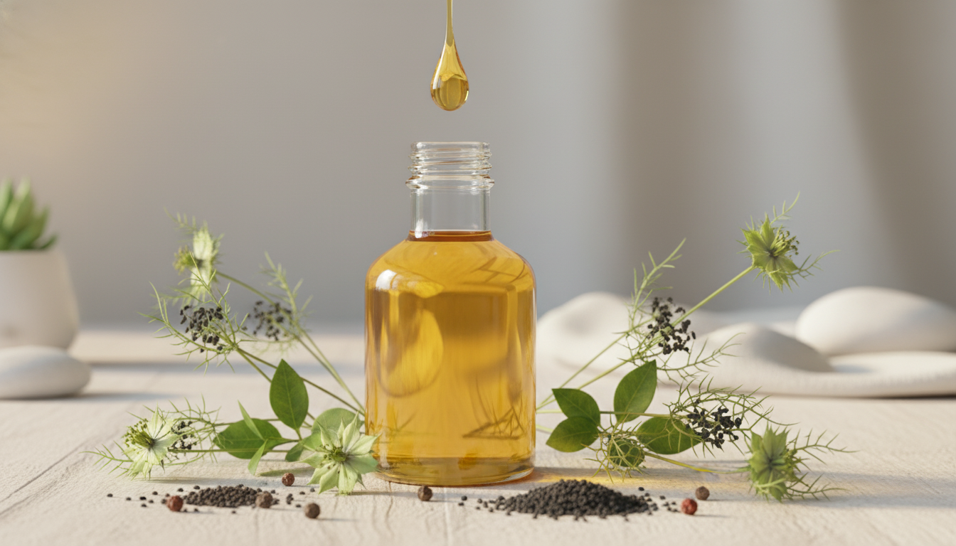 Flacon d'huile de nigelle naturelle pour soin peau et cheveux