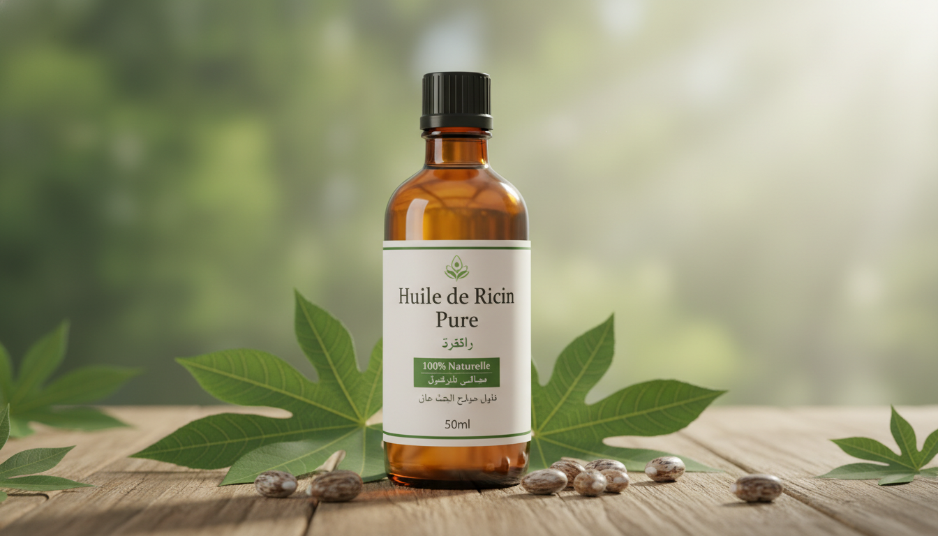 Bouteille d'huile de ricin pour cheveux avec ambiance naturelle élégante