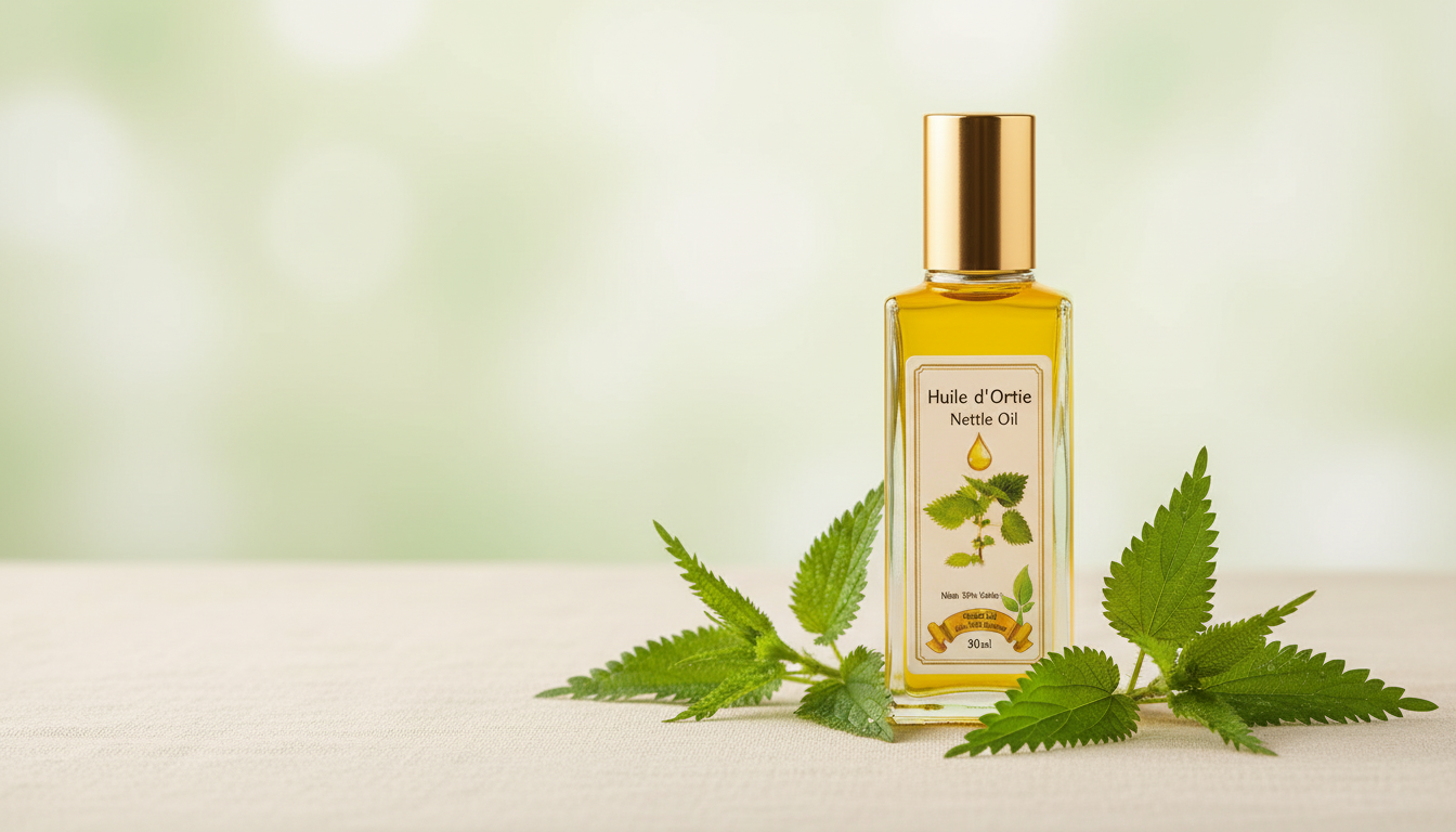 Flacon d'huile d'ortie pour cheveux avec feuilles fraîches dans un cadre élégant naturel