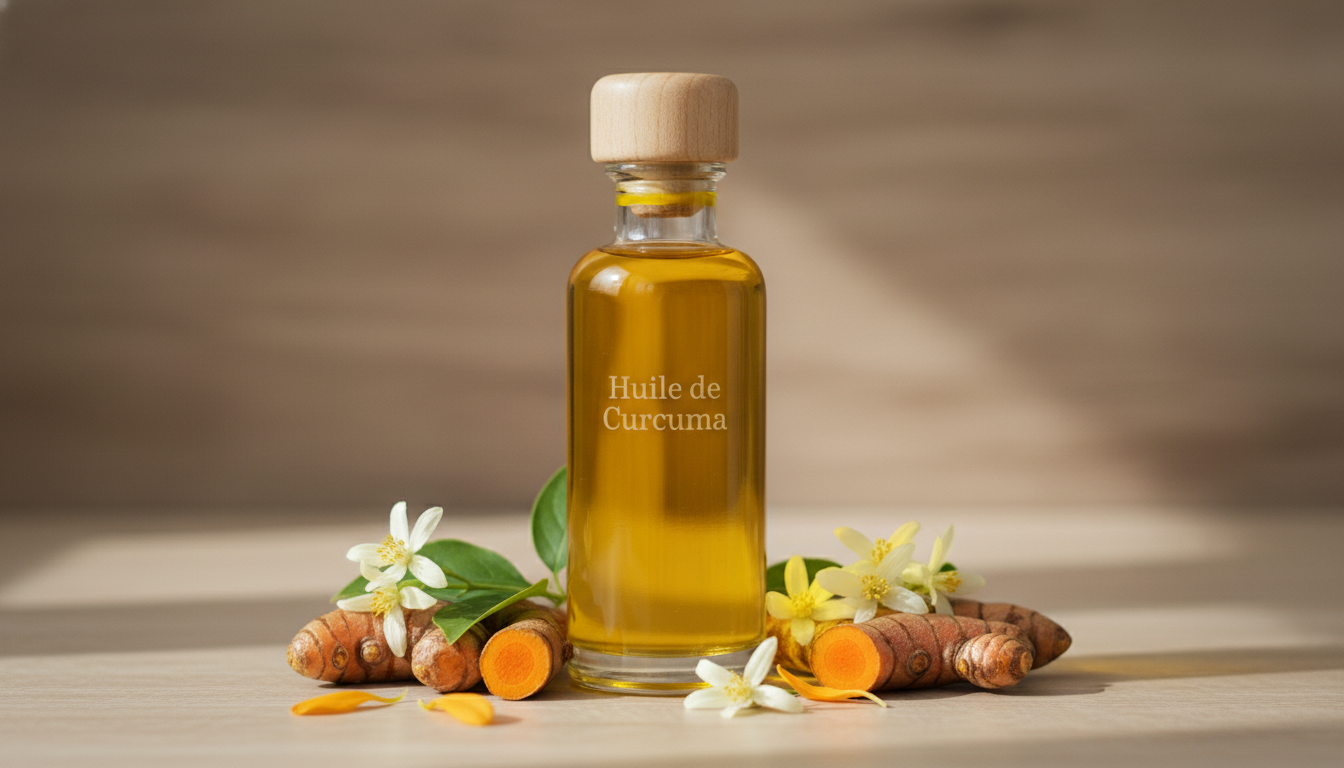 Bouteille d'huile de curcuma naturelle pour un soin visage éclatant et lumineux