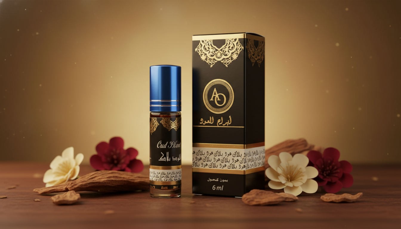 Bouteille de parfum oud femme élégante et sensuelle sur fond chaleureux naturel