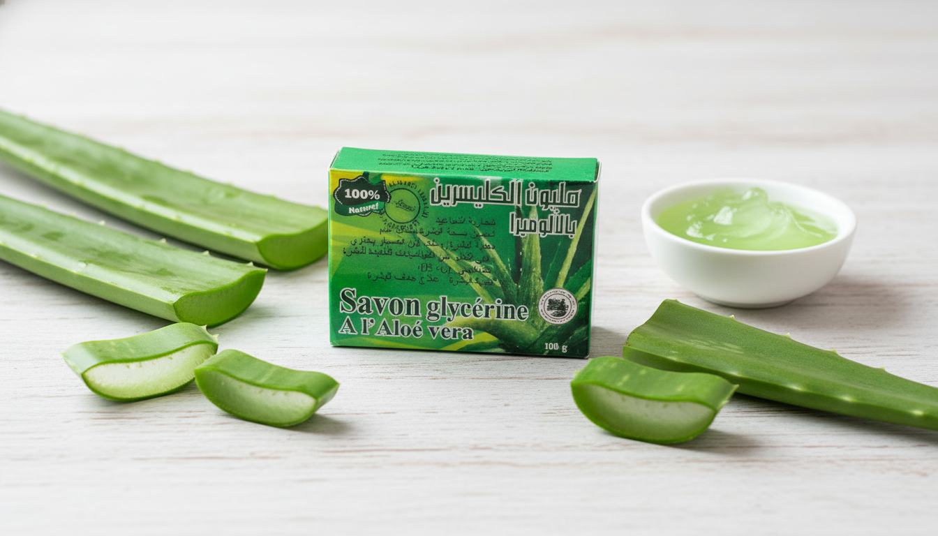 Savon aloe vera naturel frais avec des feuilles d'aloe vera sur fond en bois