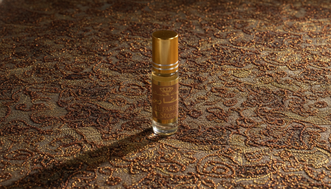 Flacon d'attar Al Rehab Al Fares 6ml sur fond de tissu oriental luxueux