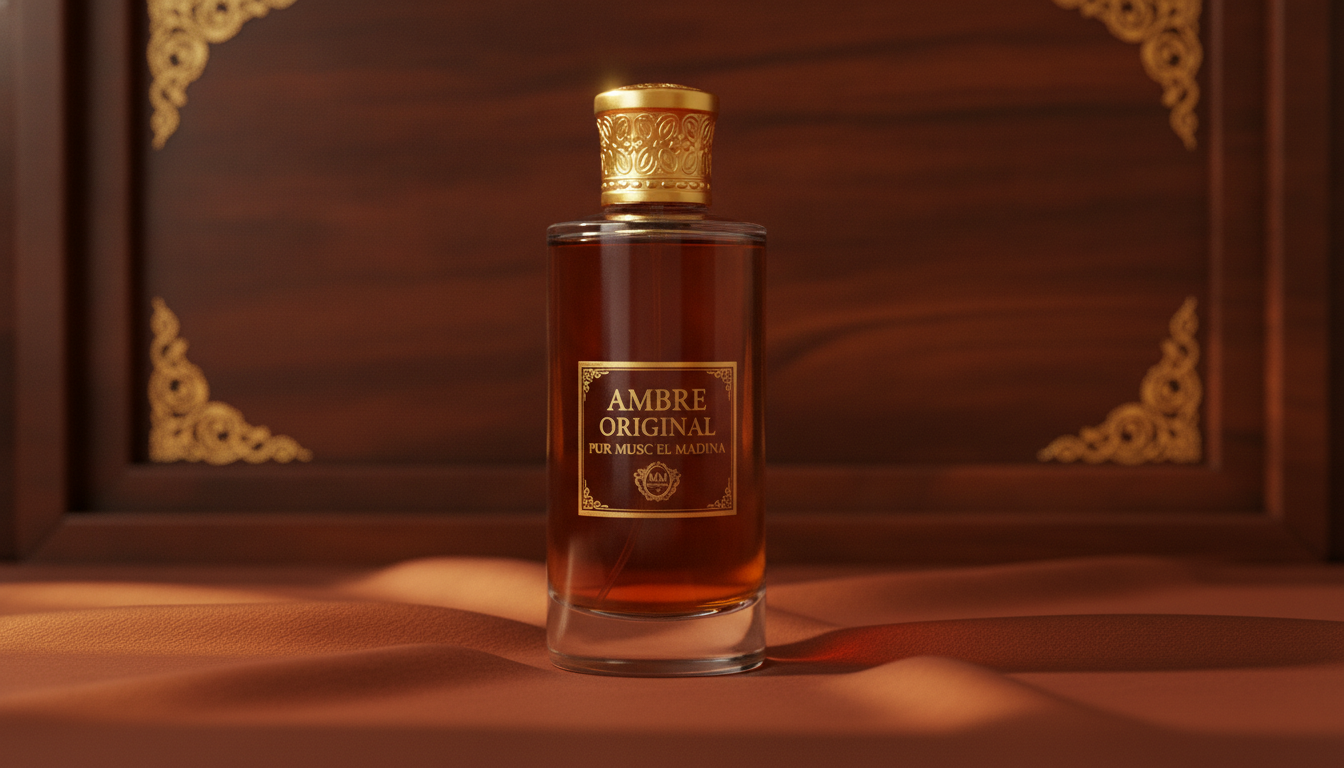 Flacon élégant d'Ambre Original Pur Musc El Madina posé sur un tissu soyeux avec ambiance lumineuse orientale