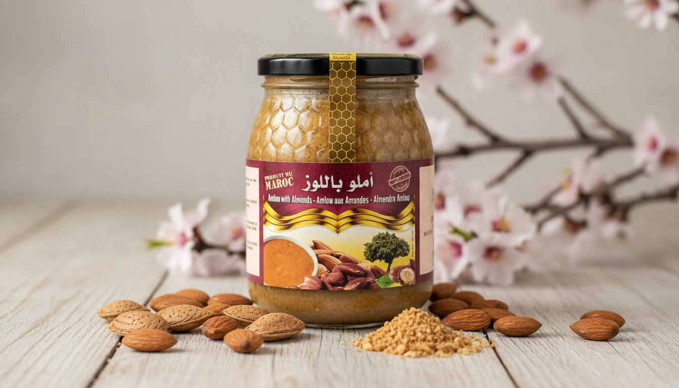 Pot d'amlu aux amandes 1kg avec amandes entières et décor naturel