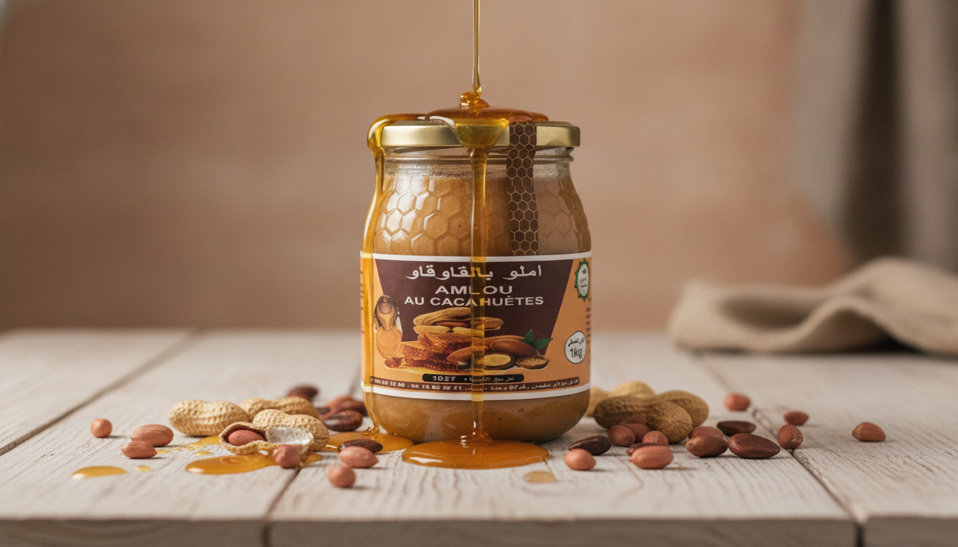 Pot d'amlou cacahuètes argane miel 1kg avec ingrédients naturels autour, présentation élégante et naturelle
