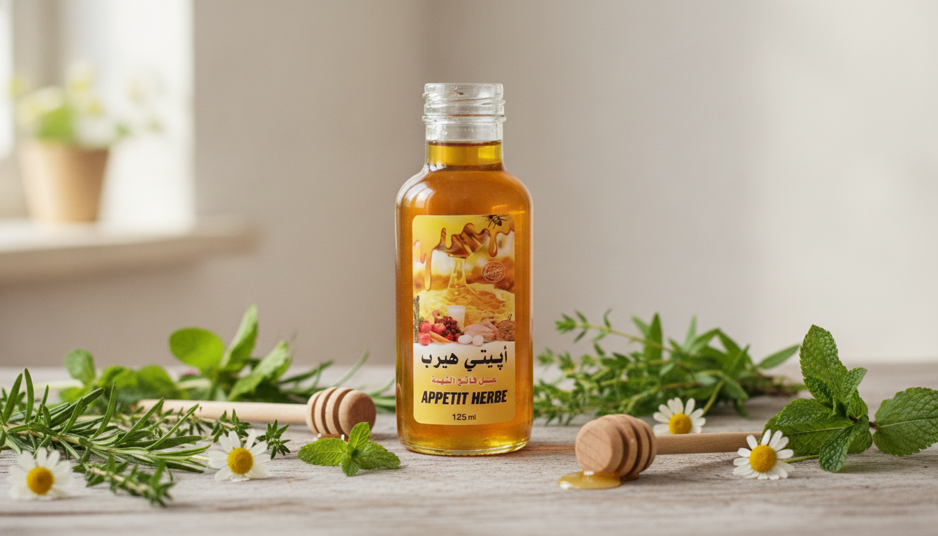 Bouteille Appétit Herbe 125ml élégamment présentée avec des herbes fraîches, image naturelle et raffinée