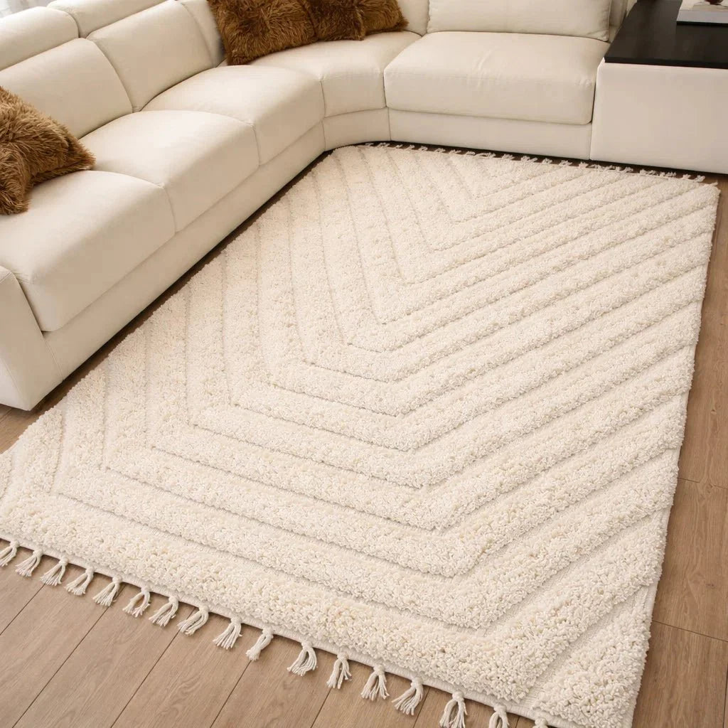 Tapis Berbère Blanc Beni Mellal 210x150cm - Laine Fait Main - Motifs Géométriques - nilabeautys.com